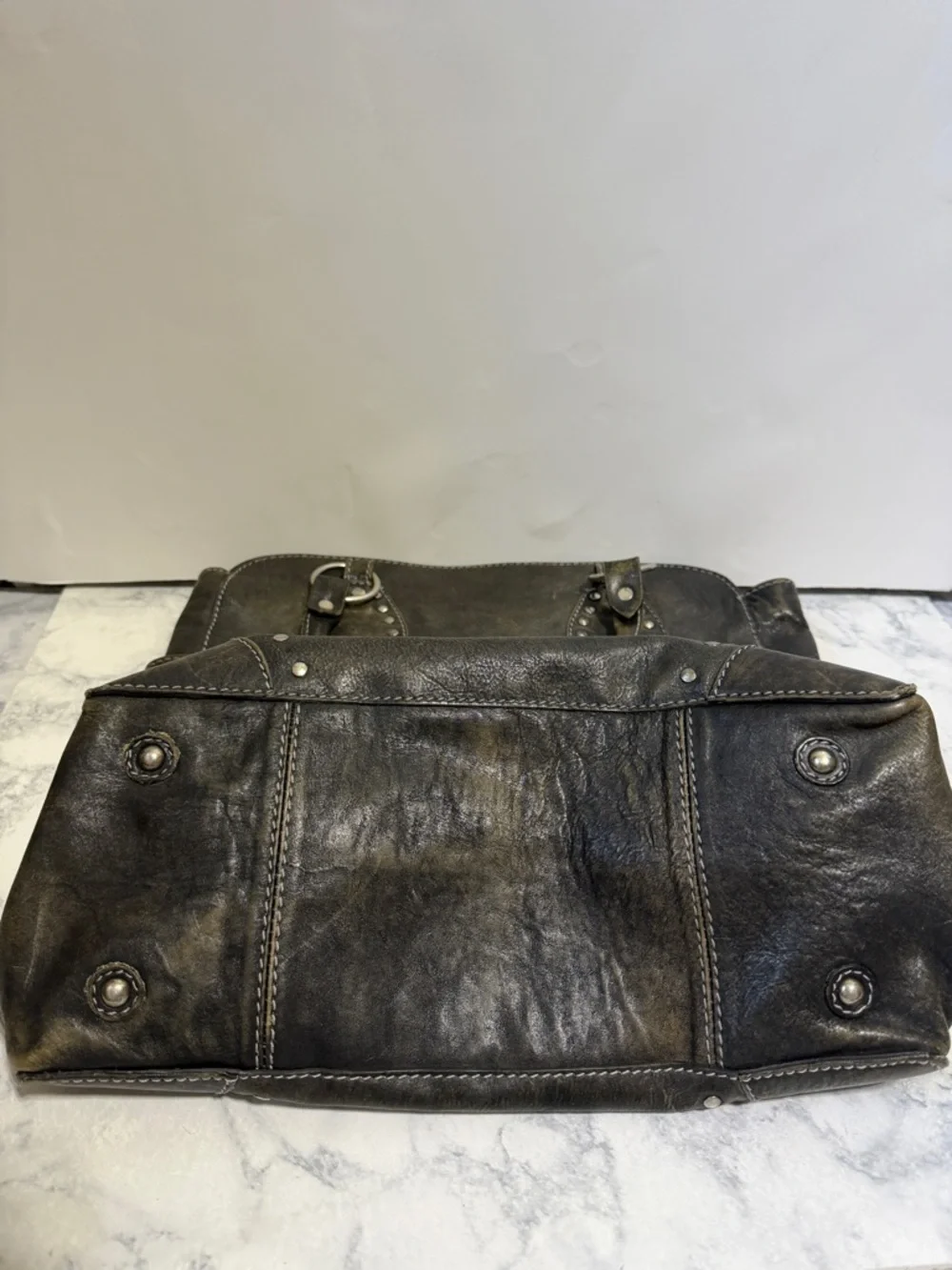 Frye Melissa rustic distressed black leather silver studded moto large tote bag - Picture 7 of 13